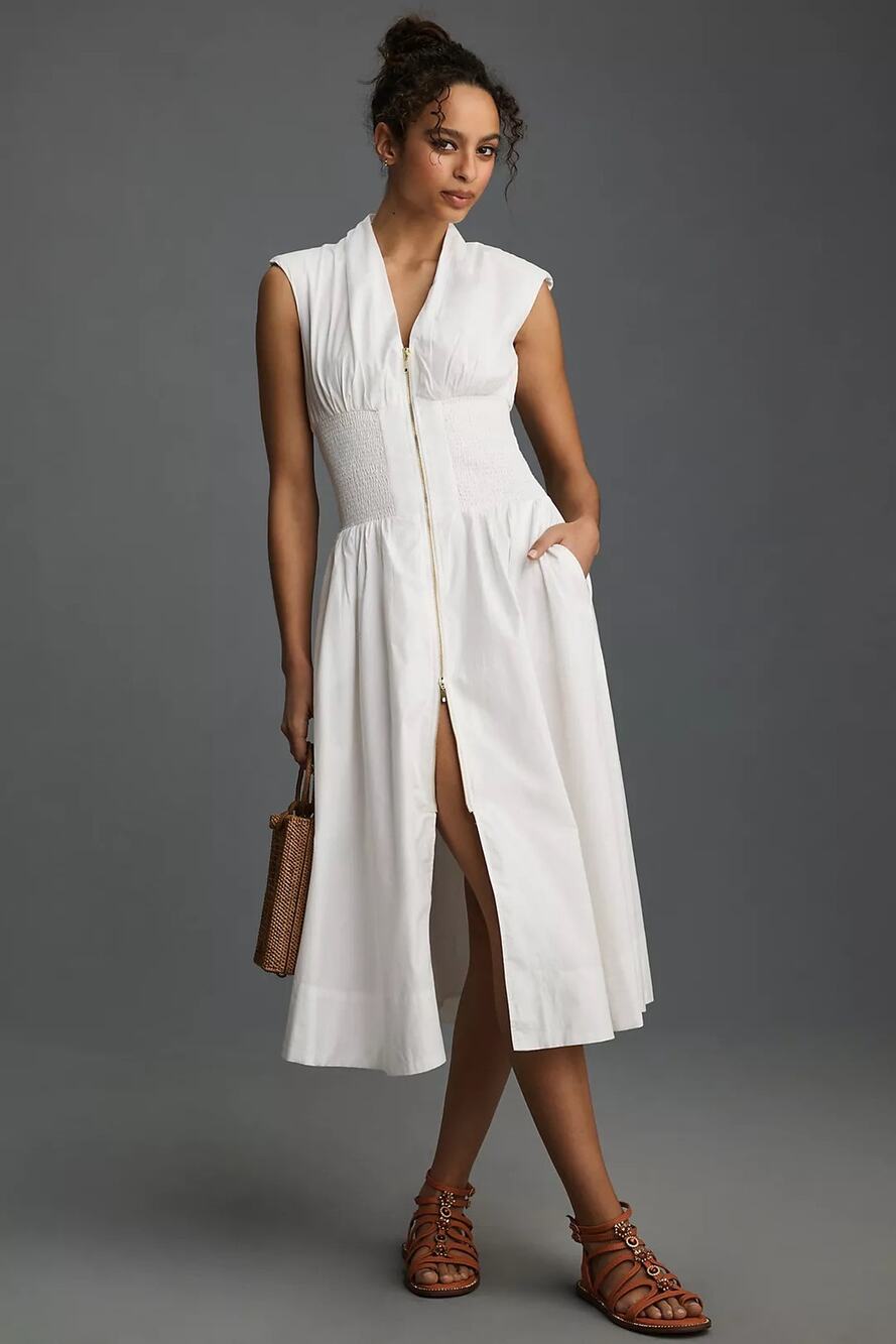 Anthropologie Tommie Zip-Front Midi Dress Modal Cotton Size Medium White - Picture 1 of 9